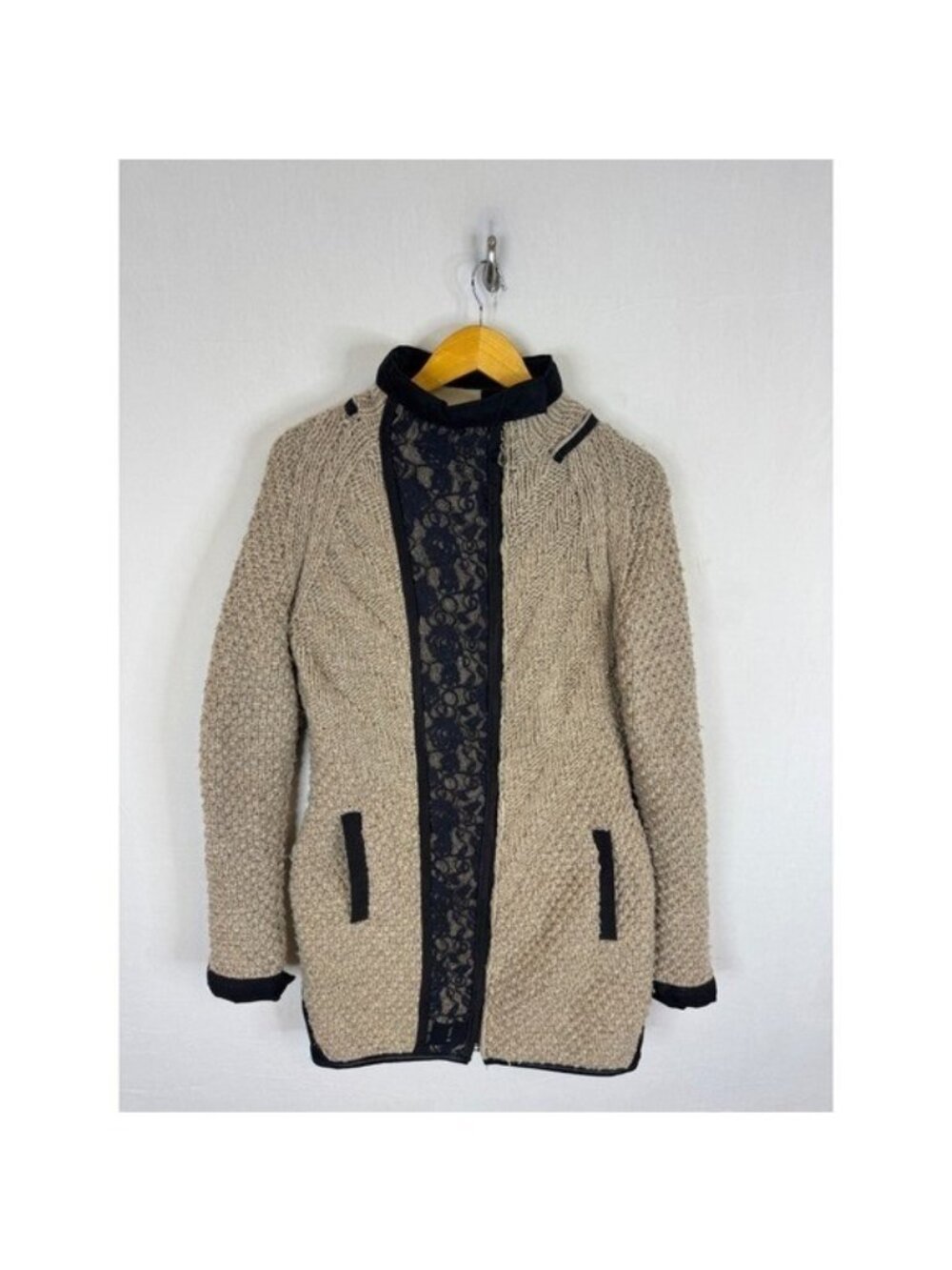 Urku Wool Blend Knit Lace Trim Zip Up Sweater Jacket Tan Black Large